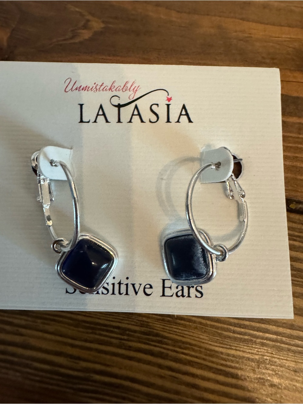 Latasia Silver Hoop Earrings with Dark Blue Stone